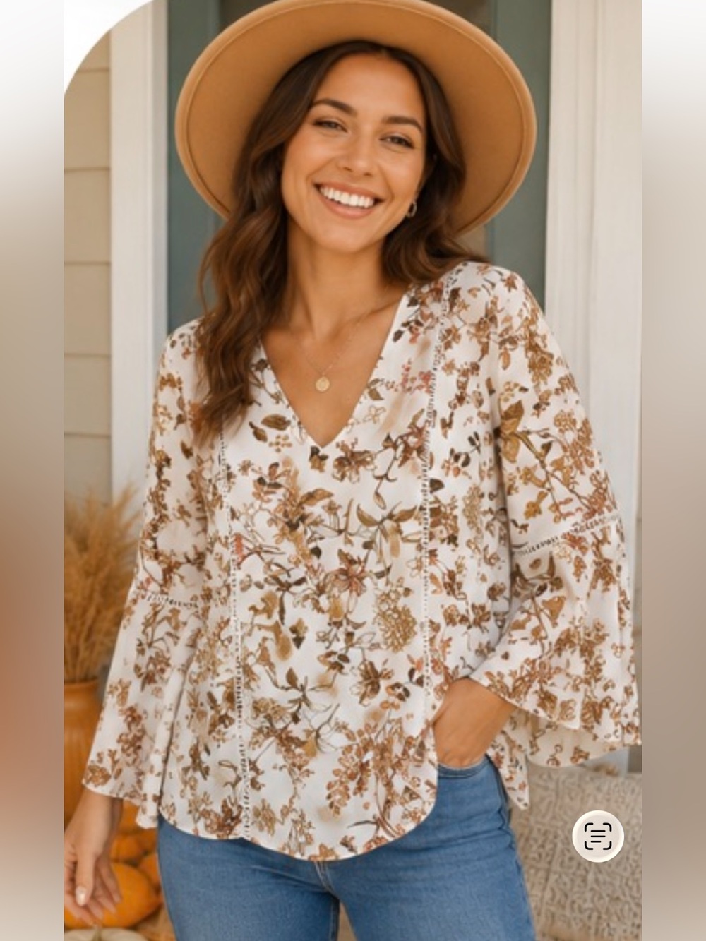 VTG Belle Sky Floral V neck Blouse Top Boho Sz L Ruffle Bell Sleeve Autumn Fall